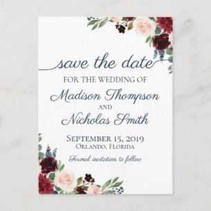 Navy en Marsala Floral Save the Date Briefkaarten