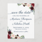 Navy en Marsala Floral Save the Date Briefkaarten (Voorkant)