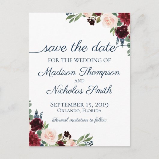 Navy en Marsala Floral Save the Date Briefkaarten (Voorkant)