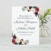 Navy en Marsala Floral Wedding Program Kaarten (Staand voorkant)