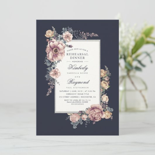 Navy en Mauve  Bloemenrepetitie Diner Kaart (Staand voorkant)