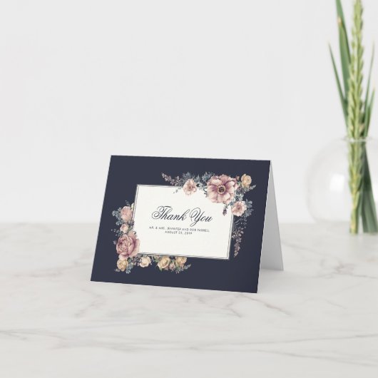 Navy en Mauve Floral Elegant Bruiloft Dank u Bedankkaart (Voorkant)