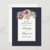 Navy en Mauve Floral  Save the Date Aankondigingskaart (Voorkant / Achterkant)