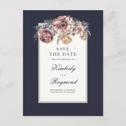 Navy en Mauve Floral  Save the Date Aankondigingskaart (Voorkant)