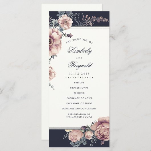 Navy en Mauve Floral Waterverf Trouwprogramma's Programmakaart (Voorkant / Achterkant)