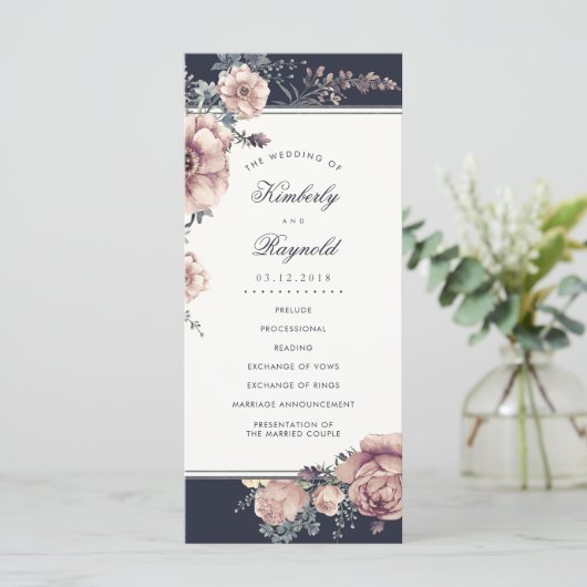 Navy en Mauve Floral Waterverf Trouwprogramma's Programmakaart (Staand voorkant)