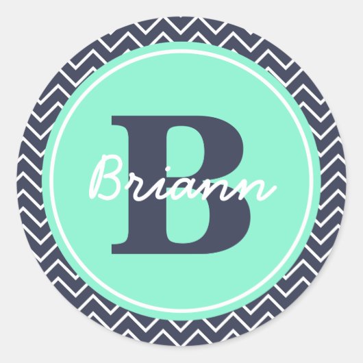 Navy en Mint Chevron, Initiaal en naam Ronde Sticker (Voorkant)