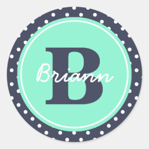 Navy en Mint Stippen, Initiaal, en Naam Ronde Sticker