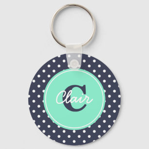 Navy en Mint Stippen, Initiaal, en Naam Sleutelhanger
