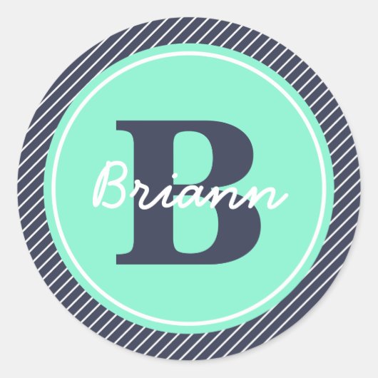 Navy en Mint Stripes, Initiaal en naam Ronde Sticker (Voorkant)