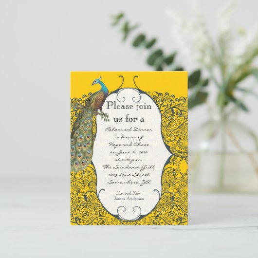 Navy en mosterd geel Peacock repetitie diner Briefkaart (Staand voorkant)