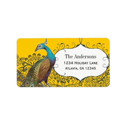 Navy en Mosterd Peacock Love Bird RSVP Label (Voorkant)