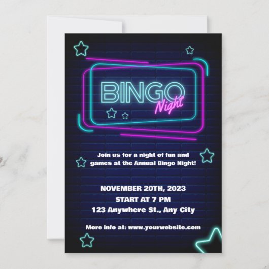 Navy en Neon Bingo Nachtfeestuitnodiging Kaart (Voorkant)