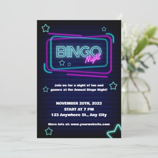 Navy en Neon Bingo Nachtfeestuitnodiging Kaart (Staand voorkant)