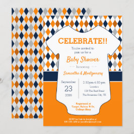 Navy en Oranje Argyle Patterned Baby shower Kaart