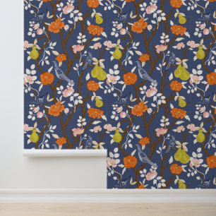 Navy en Oranje Chinoiserie Vogels Behang
