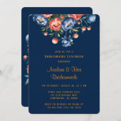 Navy en Oranje Peony bruidsmeisjes Luncheon Kaart (Voorkant / Achterkant)