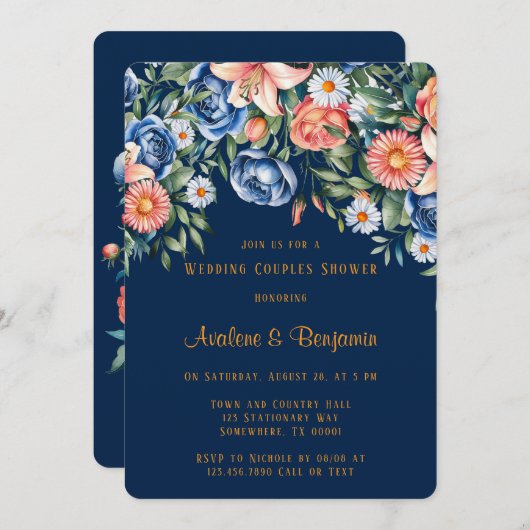 Navy en Oranje pioen bruiloft paren douchen Kaart (Voorkant / Achterkant)