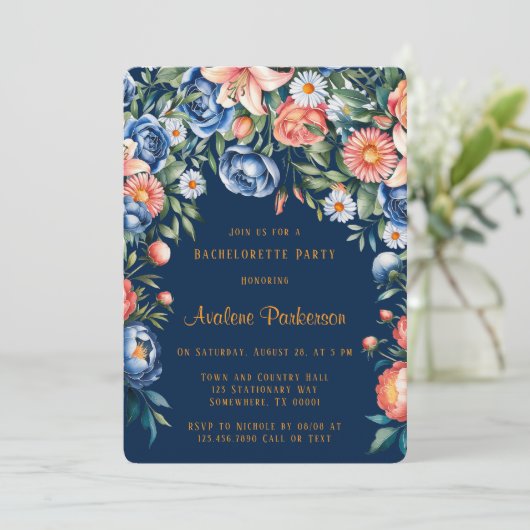 Navy en Oranje pioen bruiloft paren douchen Kaart (Staand voorkant)