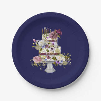 Navy en Paarse Floral Cake Paper Party Bord