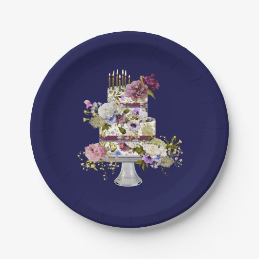 Navy en Paarse Floral Cake Paper Party Bord (Voorkant)