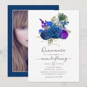 Navy en Paarse  Peacock Floral Quinceañera Kaart