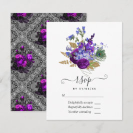 Navy en paarse vintage pauw kabouter Quinceañera RSVP Kaartje