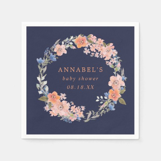Navy en Peach Floral Wreath Baby shower Napkins Servetten (Voorkant)