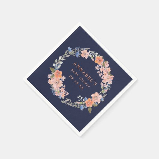 Navy en Peach Floral Wreath Baby shower Napkins Servetten (Hoek)