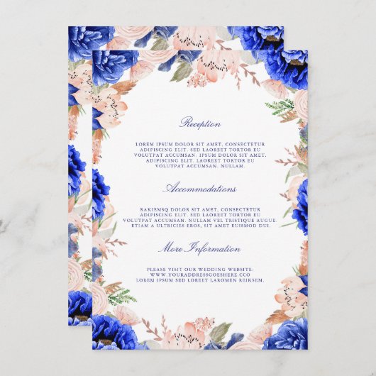 Navy en Pink Floral bruiloft informatie gast Informatiekaartje (Voorkant / Achterkant)
