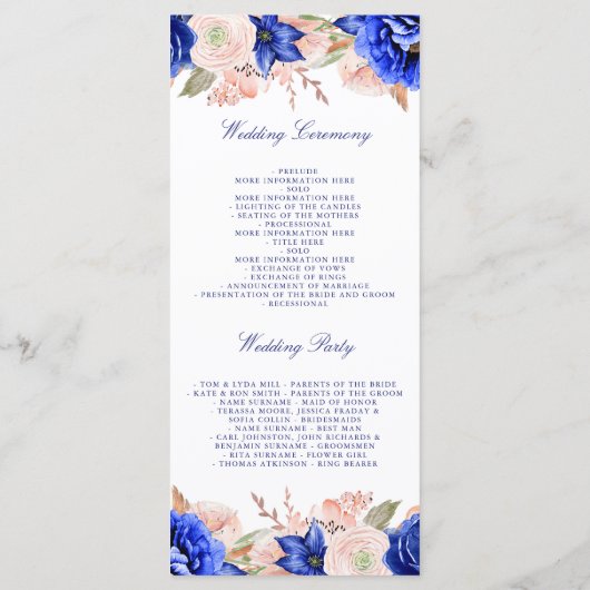 Navy en Pink Floral bruiloft programma's (Achterkant)