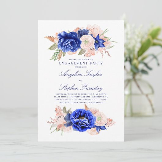 Navy en Pink Floral Elegant Verlovingsfeest Kaart (Staand voorkant)