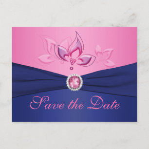 Navy en Pink Floral Save the Date Briefkaart