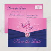 Navy en Pink Floral Save the Date Briefkaart (Voorkant / Achterkant)
