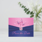 Navy en Pink Floral Save the Date Briefkaart (Staand voorkant)