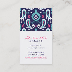 Navy en Pink Ikat Paisley Visitekaartjes