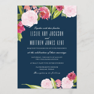 NAVY EN PINK WEDDING INVITATION MET FLOWERS KAART