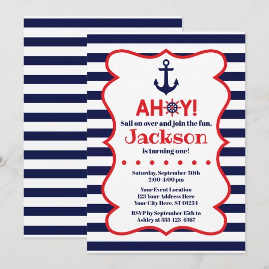 Navy en Red Boy Nautische Verjaardag Uitnodiging (Voorkant / Achterkant)