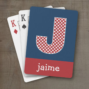 Navy en Red Polka Dots met Monogram Letter J Speelkaarten
