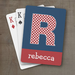 Navy en Red Polka Dots met Monogram Letter R Pokerkaarten