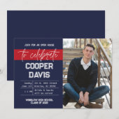 Navy en Rode Foto Afstudeerfeest Uitnodiging (Voorkant / Achterkant)