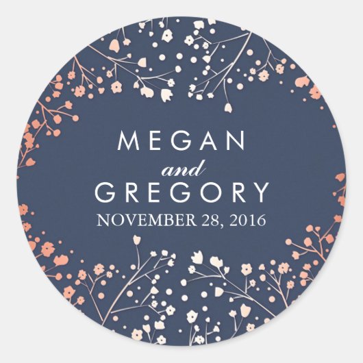 Navy en Roos Gold Baby's Breath Bruiloft Ronde Sticker (Voorkant)