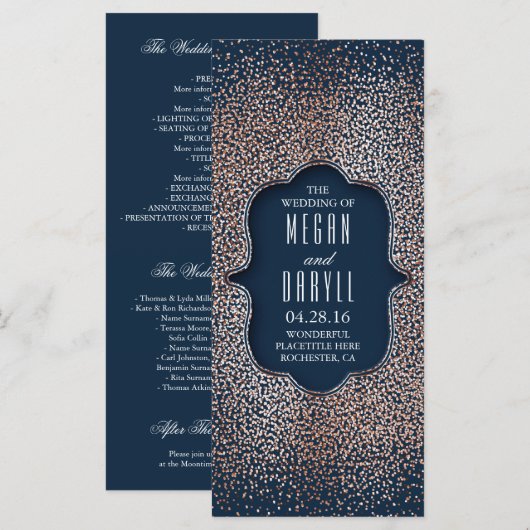 Navy en Roos Gold Glitter Trouwprogramma's Programmakaart (Voorkant / Achterkant)