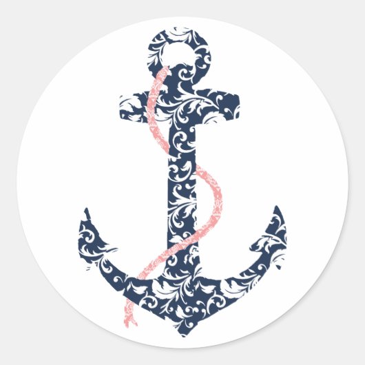 Navy en roze anker strand bruiloft ronde sticker (Voorkant)