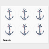 Navy en roze anker strand bruiloft ronde sticker (Vel)