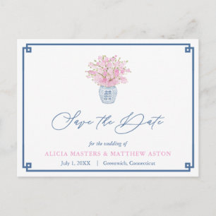 Navy en roze Chinoiserie bruiloft Save the Date Briefkaart