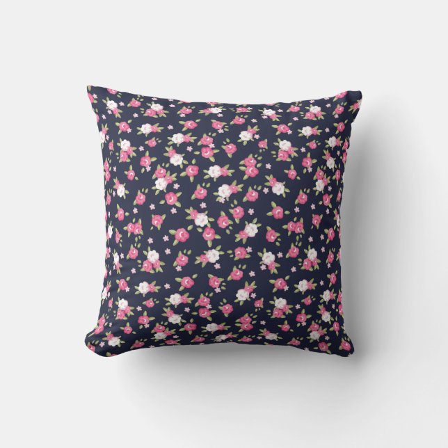 Navy en roze chique  bloemenprint kussen (Voorkant)