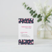 Navy en roze chique  bloemenprint visitekaartje (Staand voorkant)