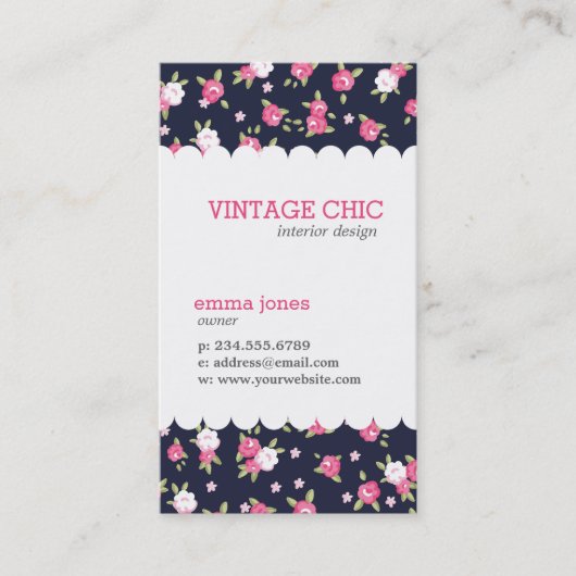 Navy en roze chique  bloemenprint visitekaartje (Voorkant)