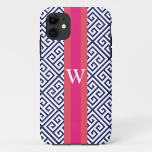 Navy en Roze Griekse Sleutel Monogram Case-Mate iPhone Case
